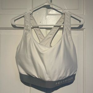 Under Armour White Sports Bra with Gray Elastic Band and Cross-Back